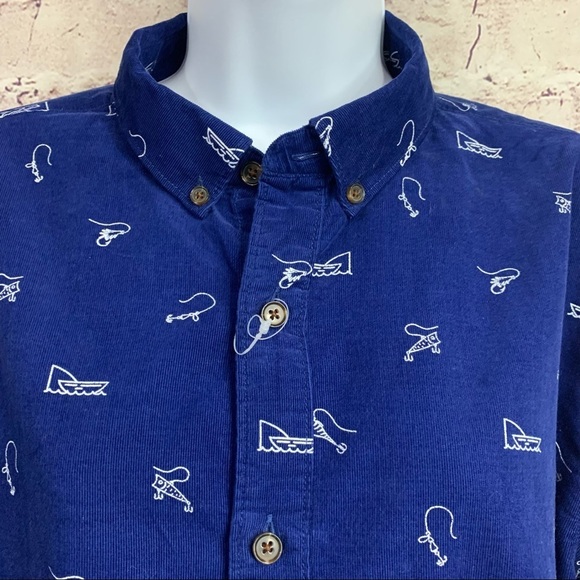 Le 31 Par Simons Blue Fishing Print Corduroy Button Front Shirt - Picture 3 of 12